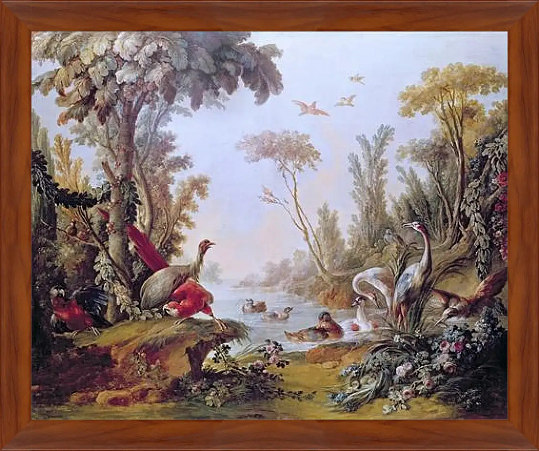 Картина в раме - Lake with geese, storks, parrots and herons from the Salon of Gilles Demarteau. Франсуа Буше