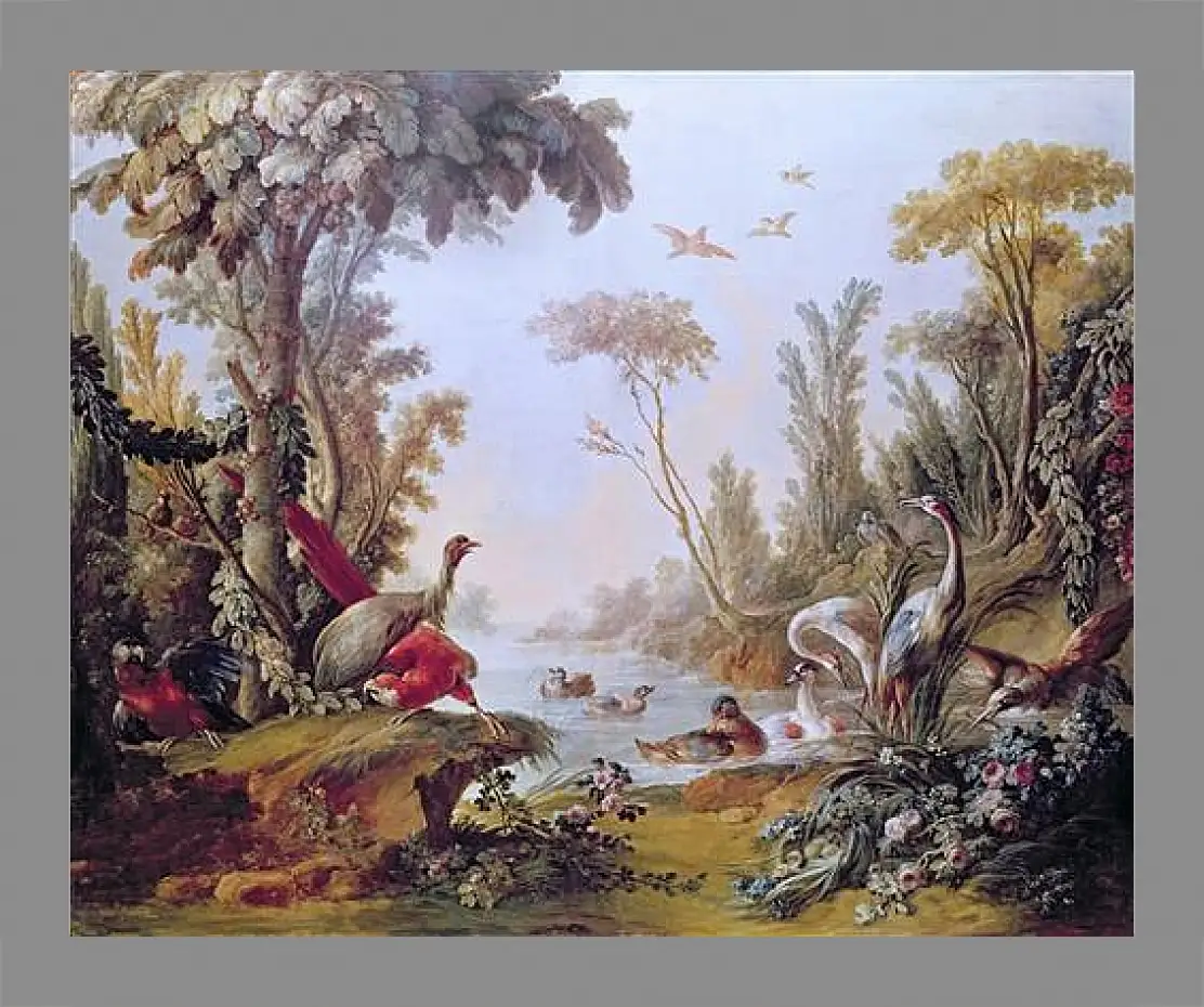 Картина в раме - Lake with geese, storks, parrots and herons from the Salon of Gilles Demarteau. Франсуа Буше