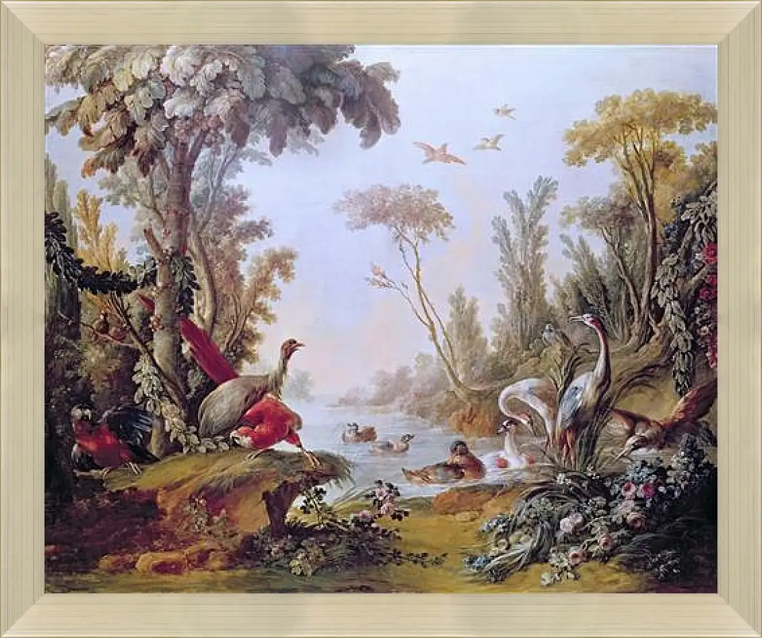 Картина в раме - Lake with geese, storks, parrots and herons from the Salon of Gilles Demarteau. Франсуа Буше