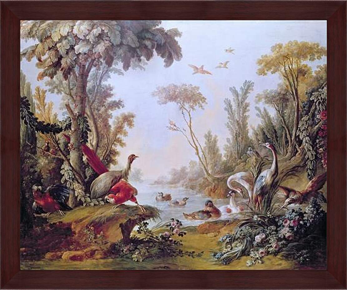 Картина в раме - Lake with geese, storks, parrots and herons from the Salon of Gilles Demarteau. Франсуа Буше