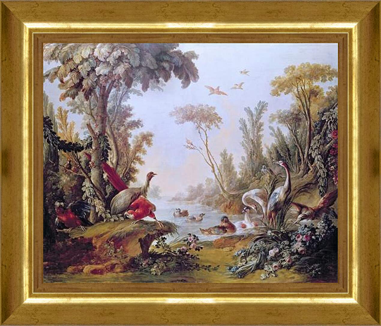 Картина в раме - Lake with geese, storks, parrots and herons from the Salon of Gilles Demarteau. Франсуа Буше