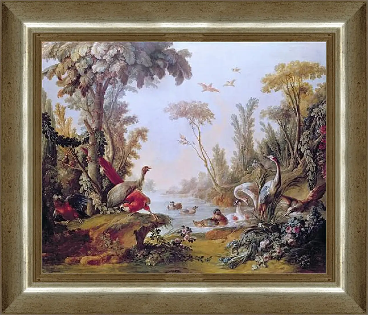 Картина в раме - Lake with geese, storks, parrots and herons from the Salon of Gilles Demarteau. Франсуа Буше