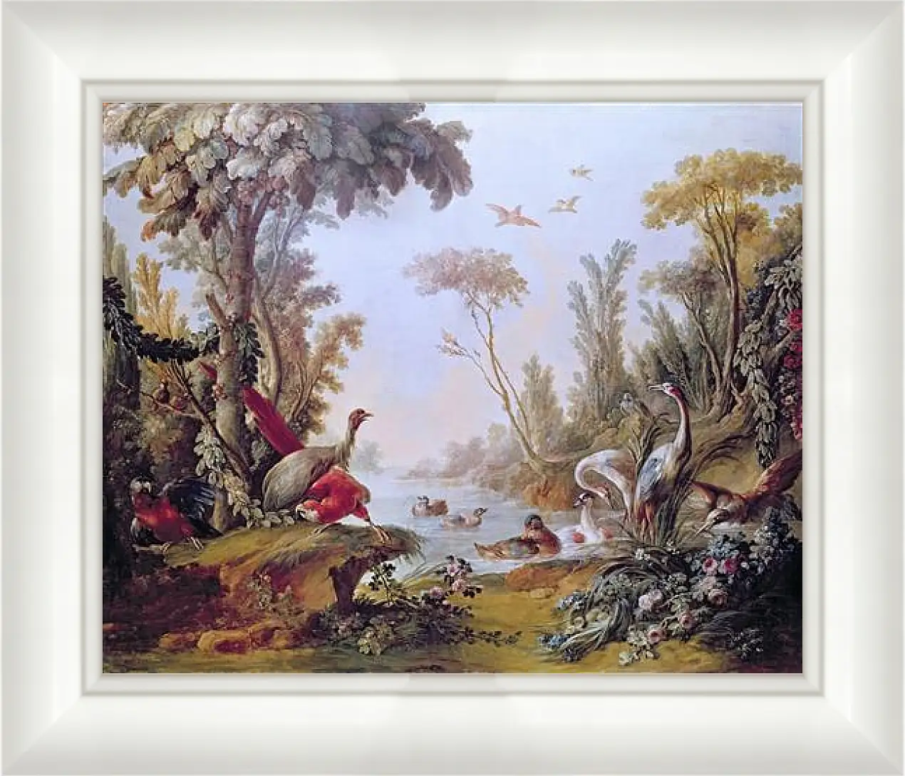 Картина в раме - Lake with geese, storks, parrots and herons from the Salon of Gilles Demarteau. Франсуа Буше