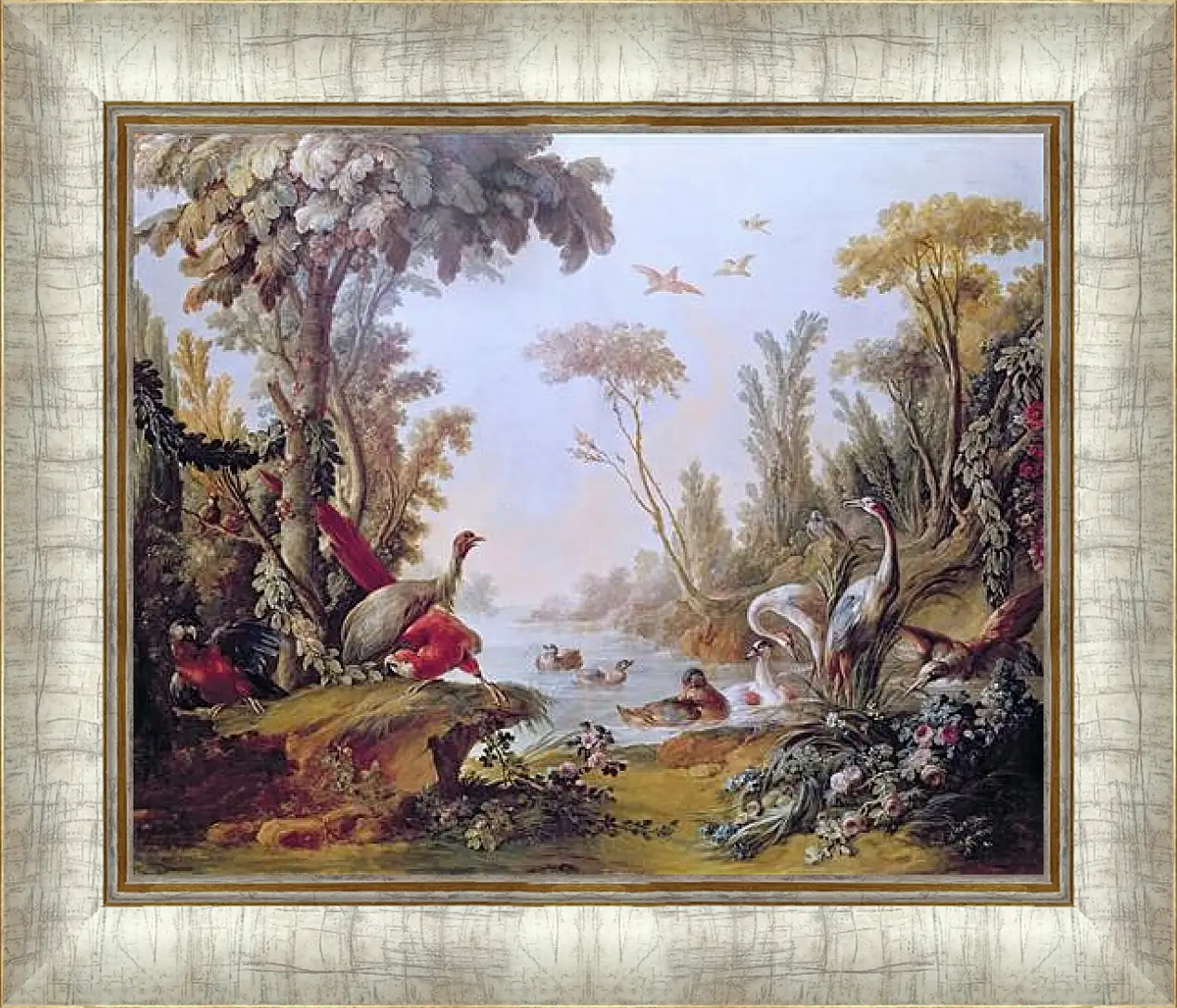 Картина в раме - Lake with geese, storks, parrots and herons from the Salon of Gilles Demarteau. Франсуа Буше