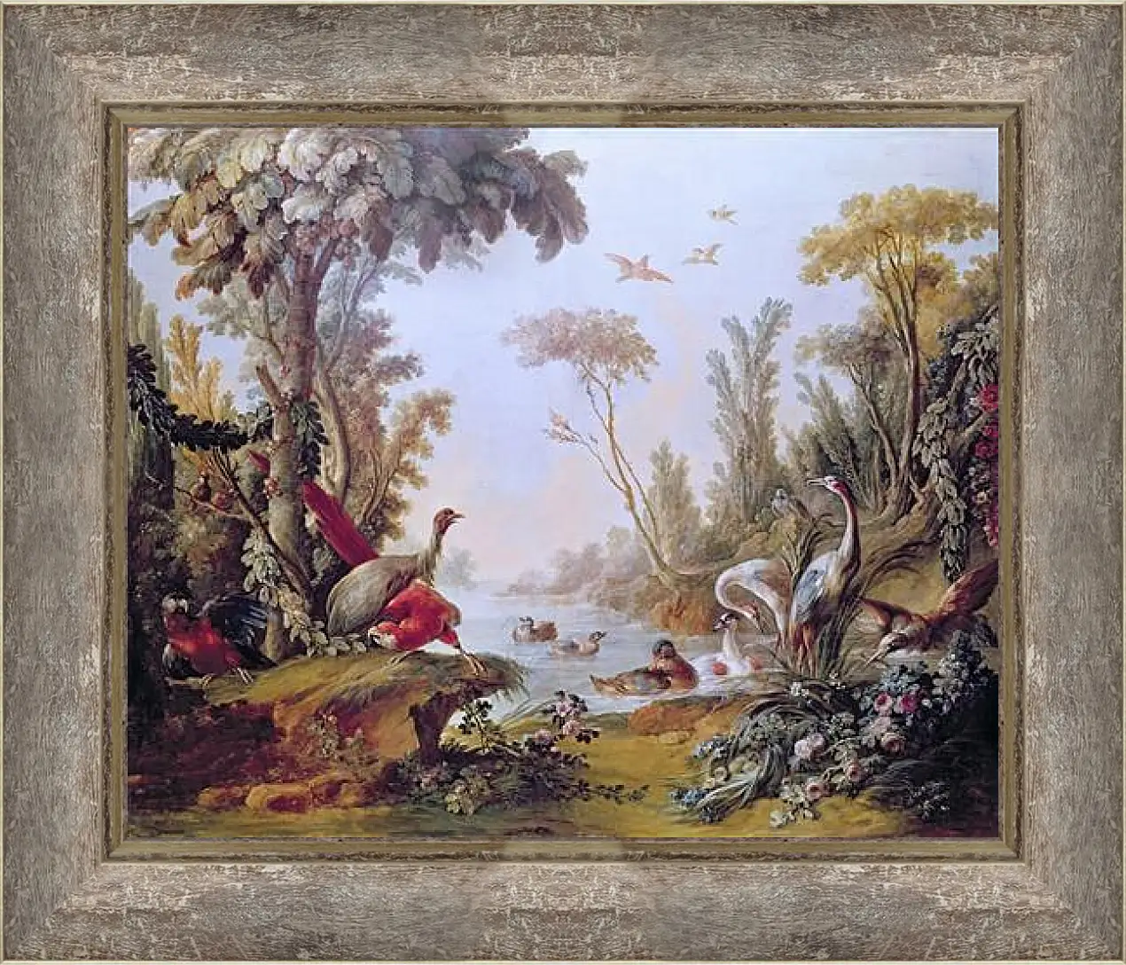 Картина в раме - Lake with geese, storks, parrots and herons from the Salon of Gilles Demarteau. Франсуа Буше