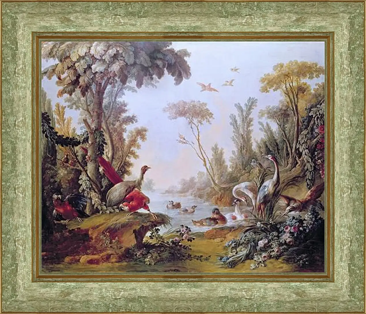 Картина в раме - Lake with geese, storks, parrots and herons from the Salon of Gilles Demarteau. Франсуа Буше