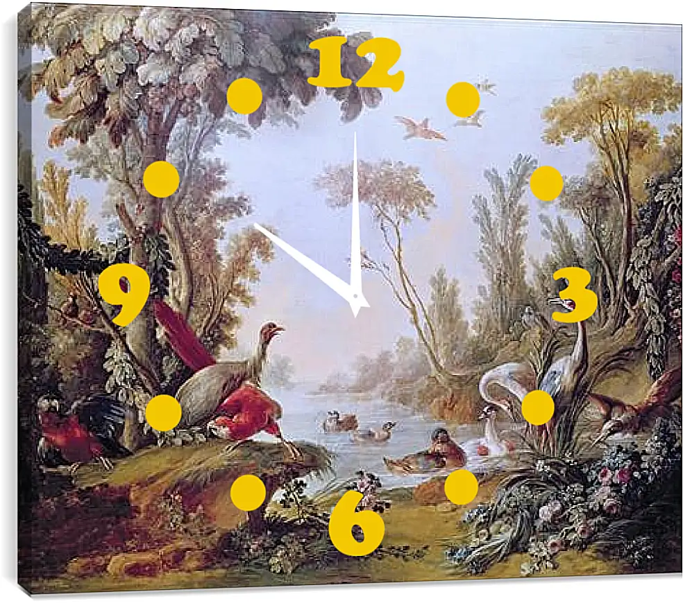 Часы картина - Lake with geese, storks, parrots and herons from the Salon of Gilles Demarteau. Франсуа Буше