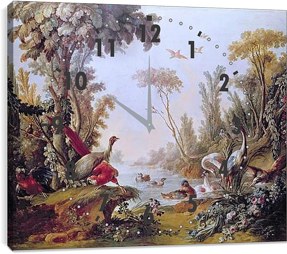 Часы картина - Lake with geese, storks, parrots and herons from the Salon of Gilles Demarteau. Франсуа Буше