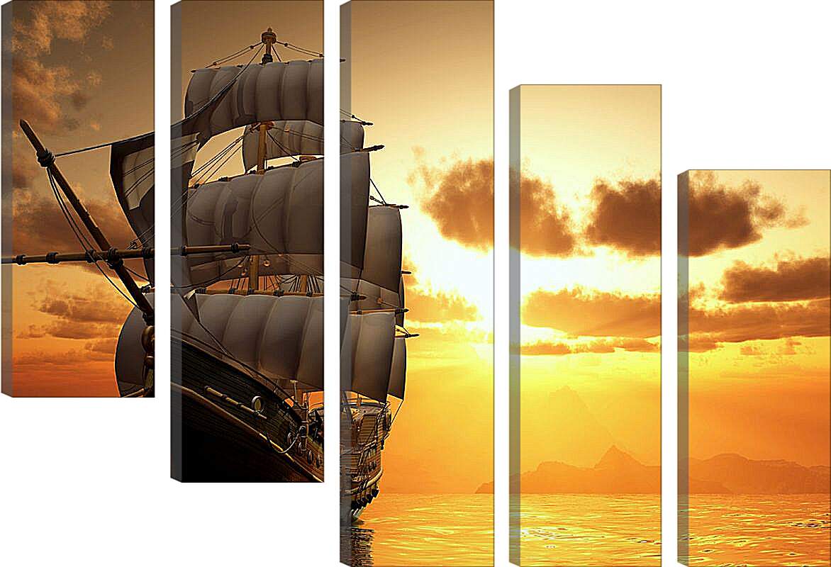 Модульная картина - Парусный корабль на закате