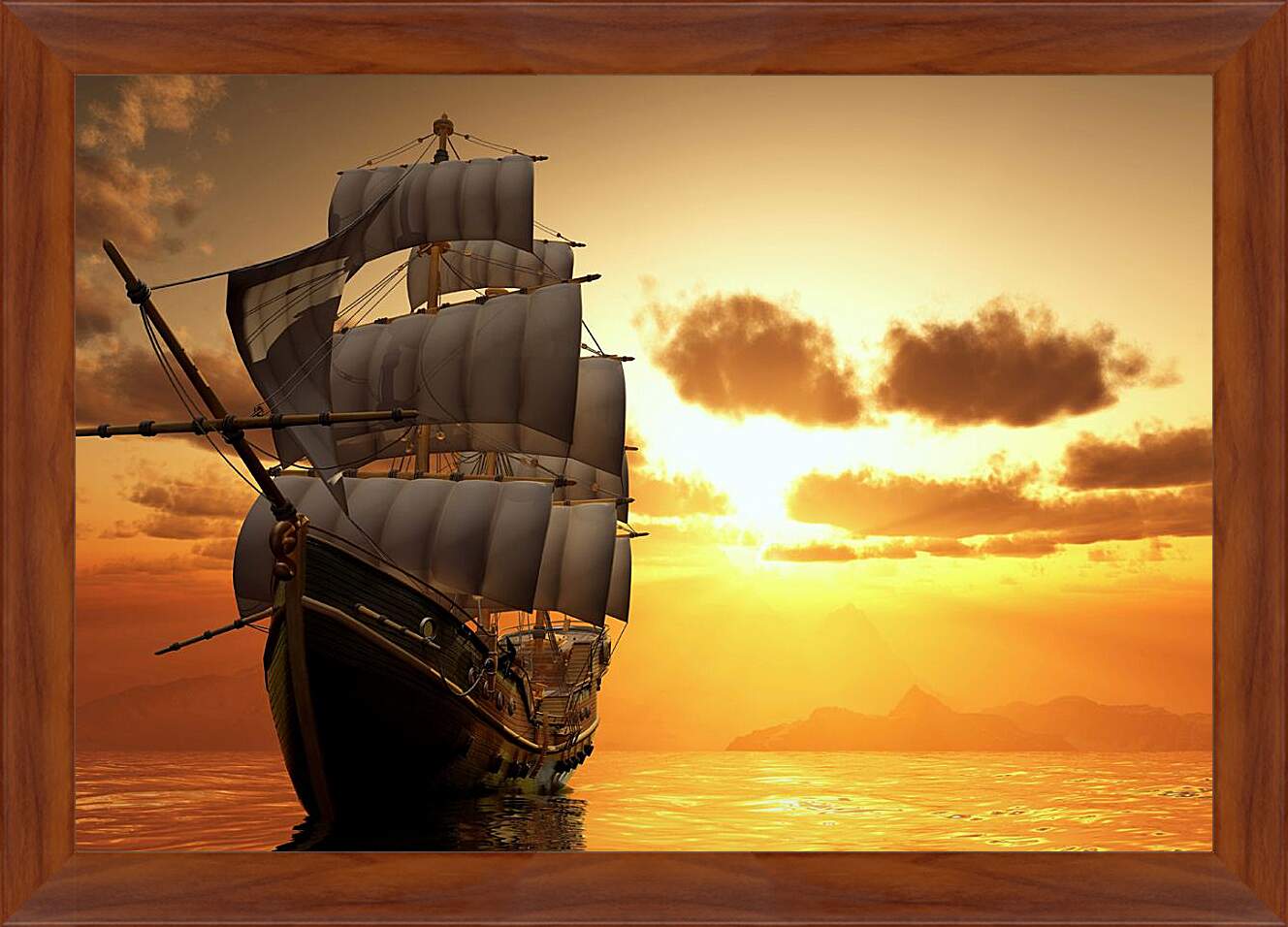 Картина в раме - Парусный корабль на закате