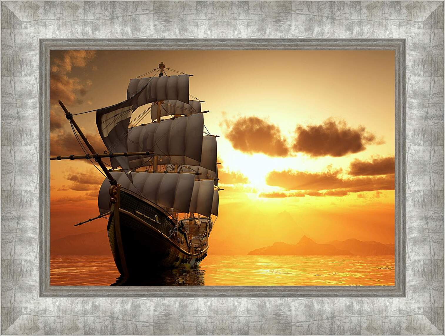 Картина в раме - Парусный корабль на закате
