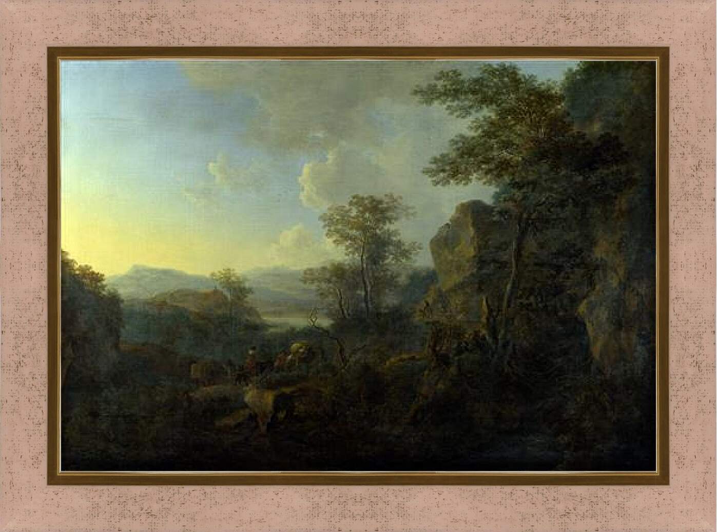 Картина в раме - Скалистый пейзаж с крестьянами и гружёными мулами. Ян Бот