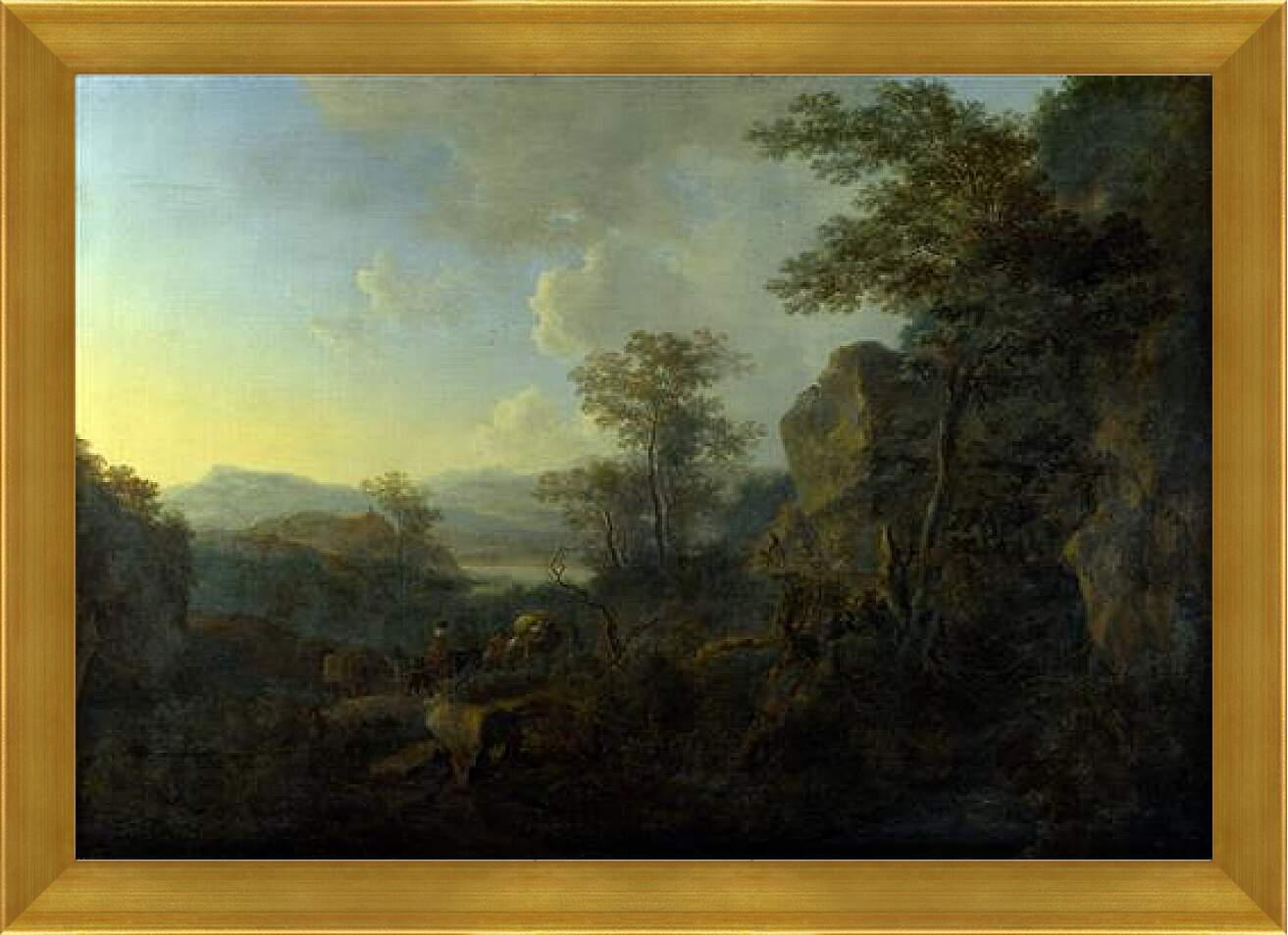 Картина в раме - Скалистый пейзаж с крестьянами и гружёными мулами. Ян Бот