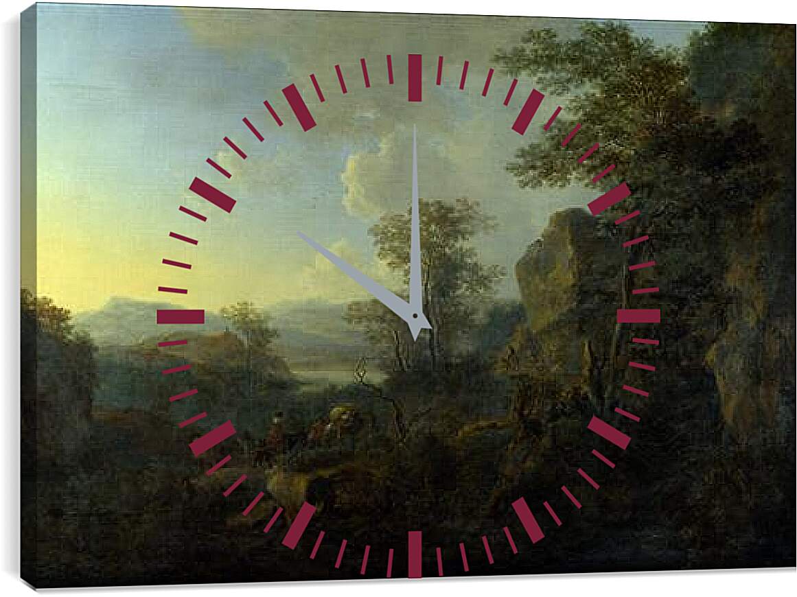 Часы картина - Скалистый пейзаж с крестьянами и гружёными мулами. Ян Бот