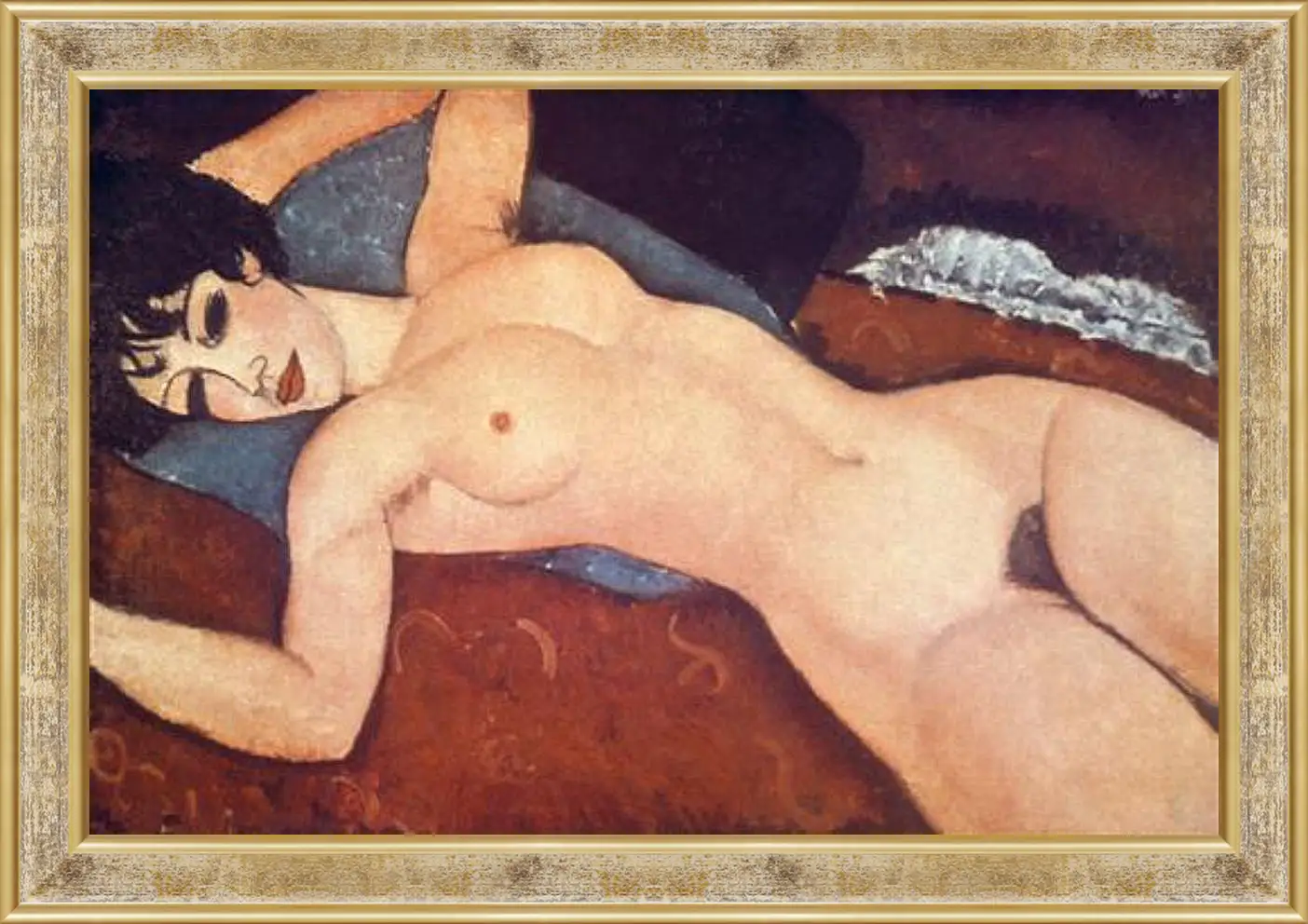 Картина в раме - Nude on cushion. Обнаженная на подушке. Амедео Модильяни