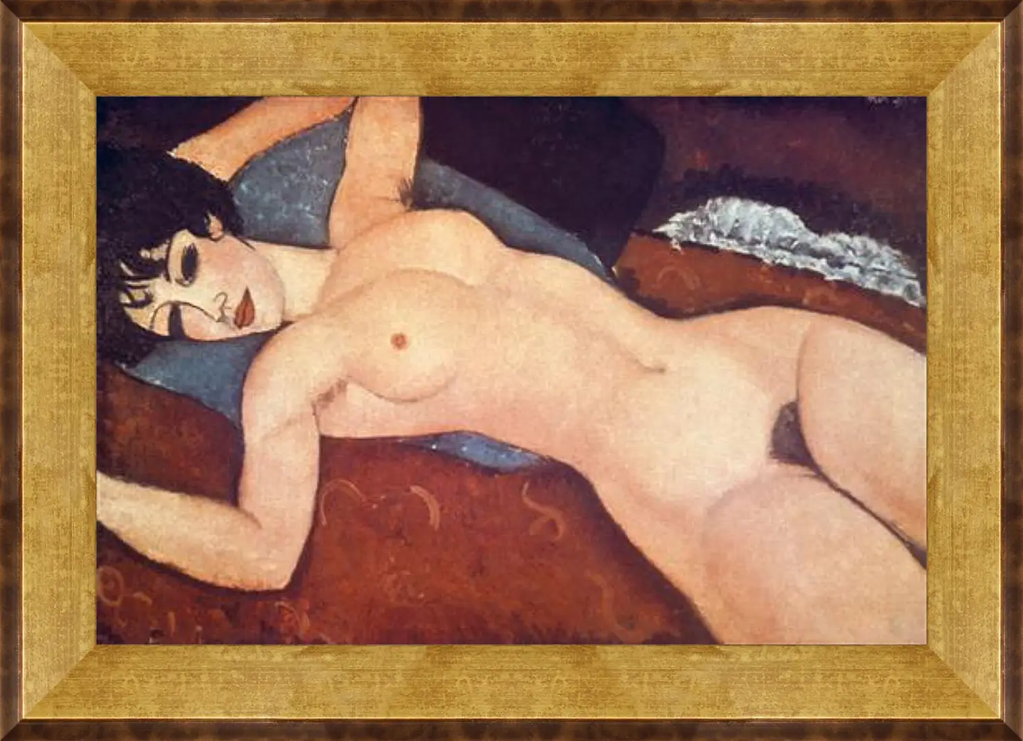 Картина в раме - Nude on cushion. Обнаженная на подушке. Амедео Модильяни