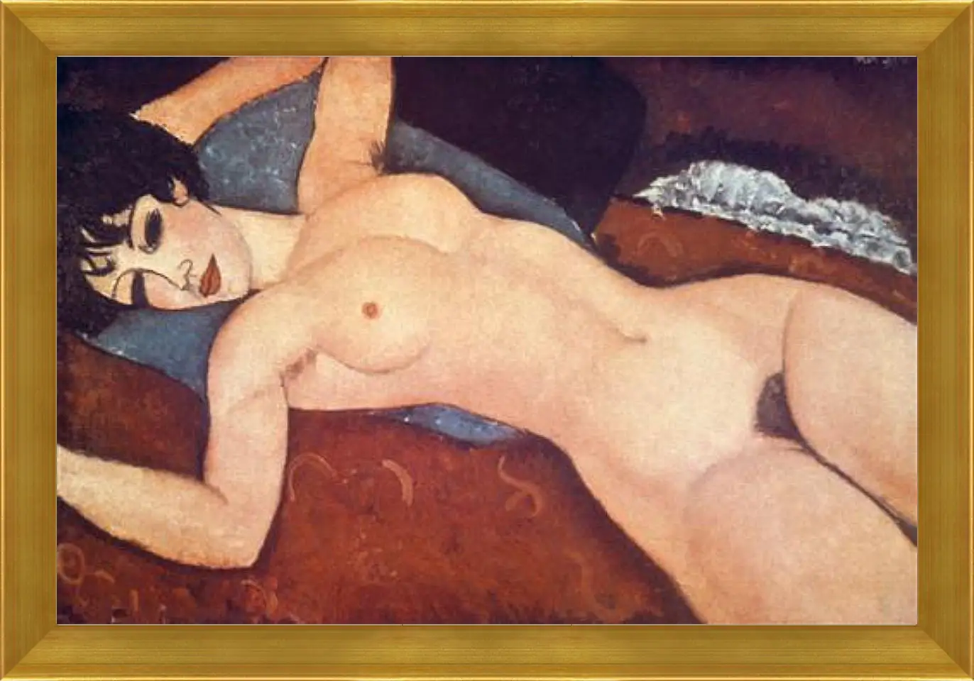 Картина в раме - Nude on cushion. Обнаженная на подушке. Амедео Модильяни