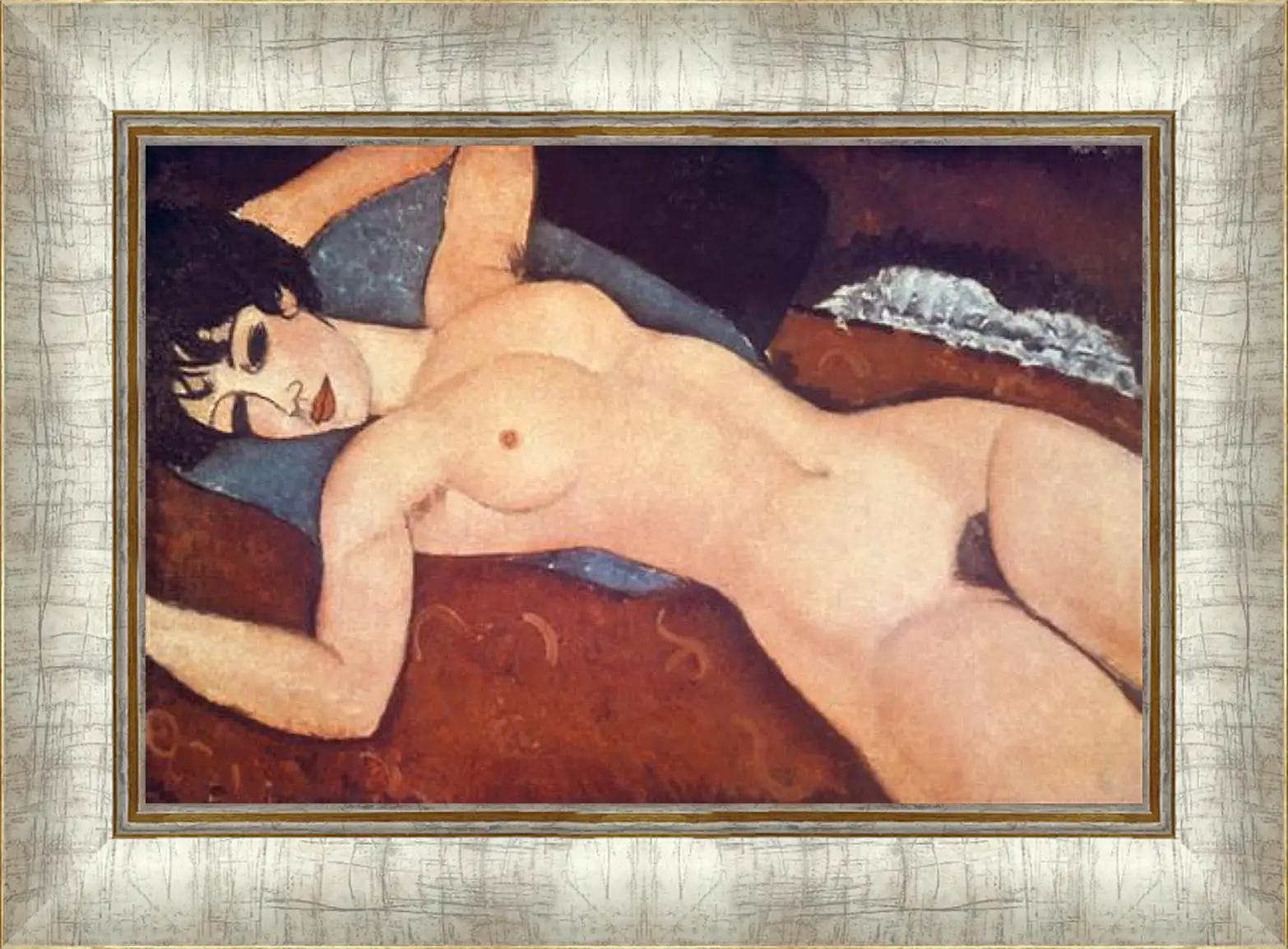 Картина в раме - Nude on cushion. Обнаженная на подушке. Амедео Модильяни