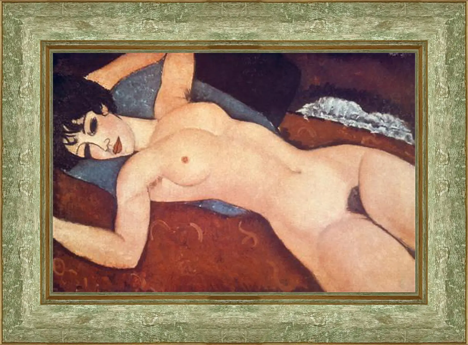 Картина в раме - Nude on cushion. Обнаженная на подушке. Амедео Модильяни