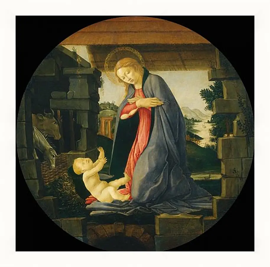 Картина в раме - The Virgin Adoring the Child. Сандро Боттичелли