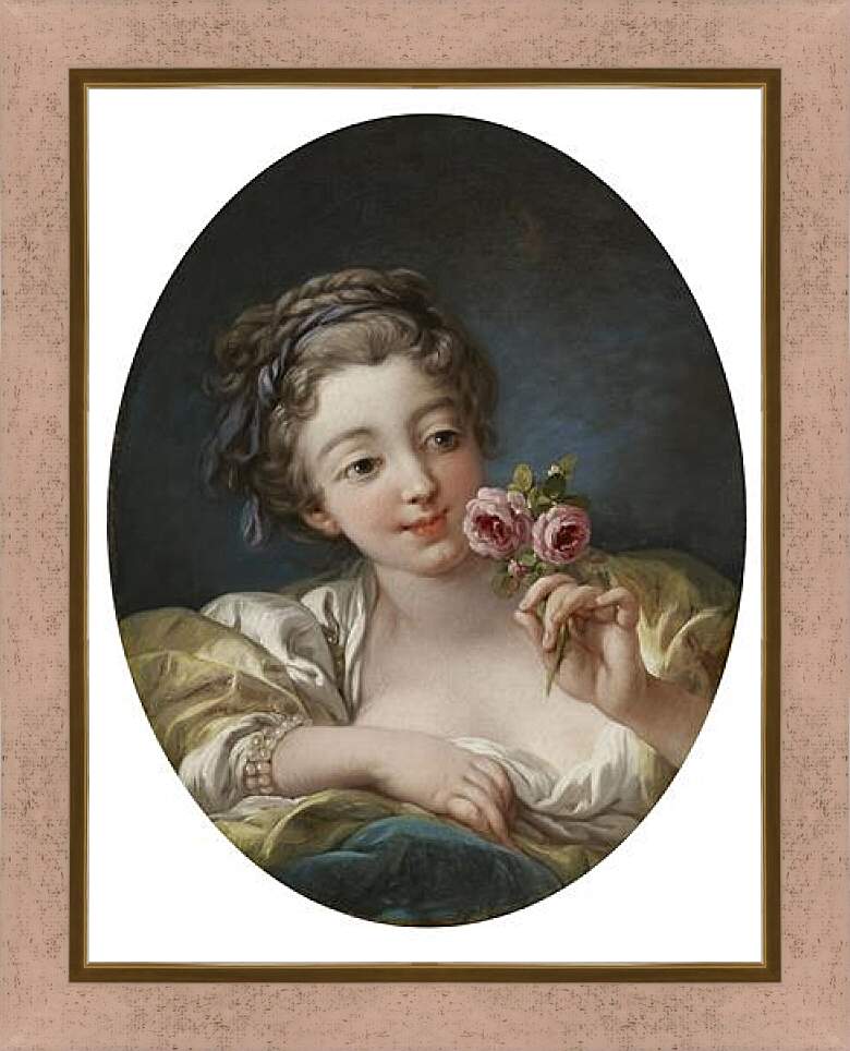 Картина в раме - Girl with rose. Франсуа Буше