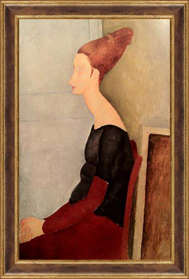Картина в раме - Portrait de Jeanne Hebuterne. Портрет сидящей Жанны Эбютерн в профиль (в темной одежде). Амедео Модильяни