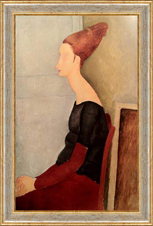 Картина в раме - Portrait de Jeanne Hebuterne. Портрет сидящей Жанны Эбютерн в профиль (в темной одежде). Амедео Модильяни