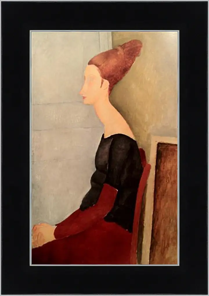 Картина в раме - Portrait de Jeanne Hebuterne. Портрет сидящей Жанны Эбютерн в профиль (в темной одежде). Амедео Модильяни