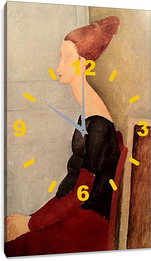 Часы картина - Portrait de Jeanne Hebuterne. Портрет сидящей Жанны Эбютерн в профиль (в темной одежде). Амедео Модильяни