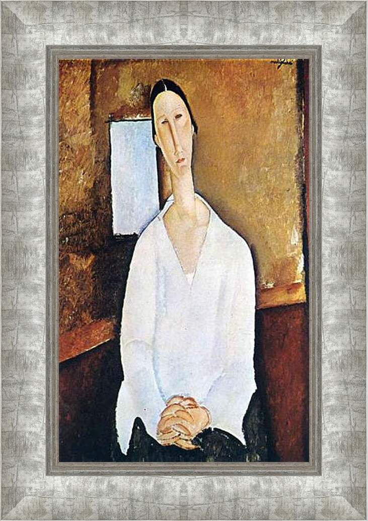 Картина в раме - Madame Zborowska with clasped hands. Мадам Зборовская со сложенными руками. Амедео Модильяни