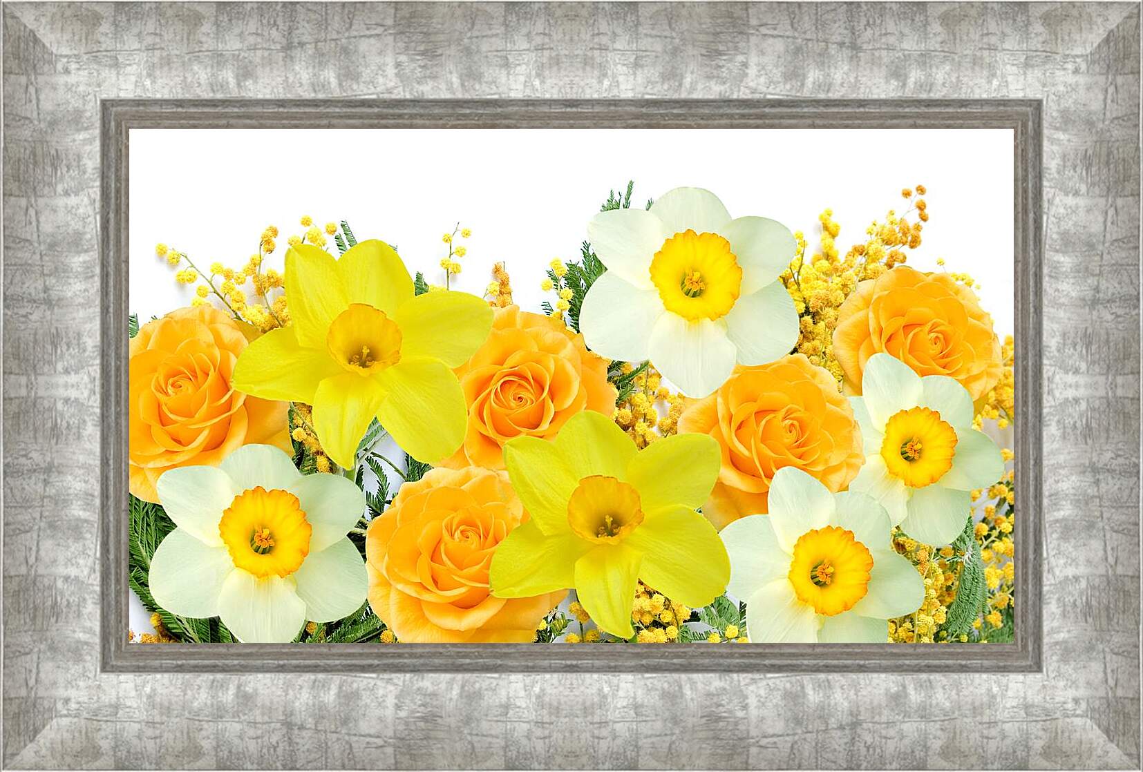 Картина в раме - Нарциссы и желтые розы