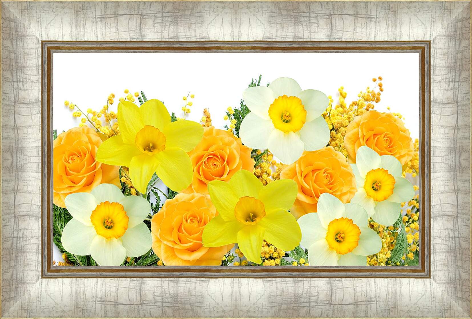 Картина в раме - Нарциссы и желтые розы