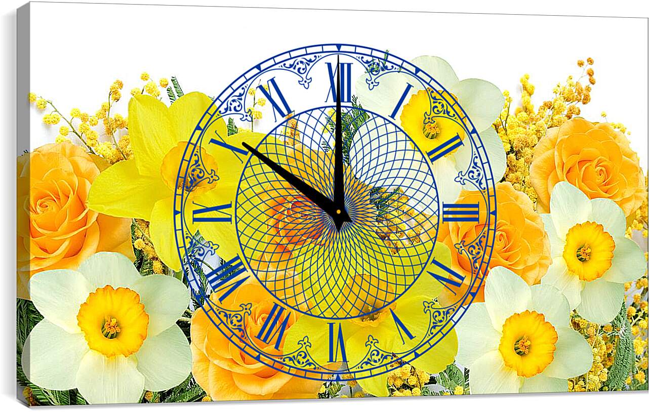 Часы картина - Нарциссы и желтые розы