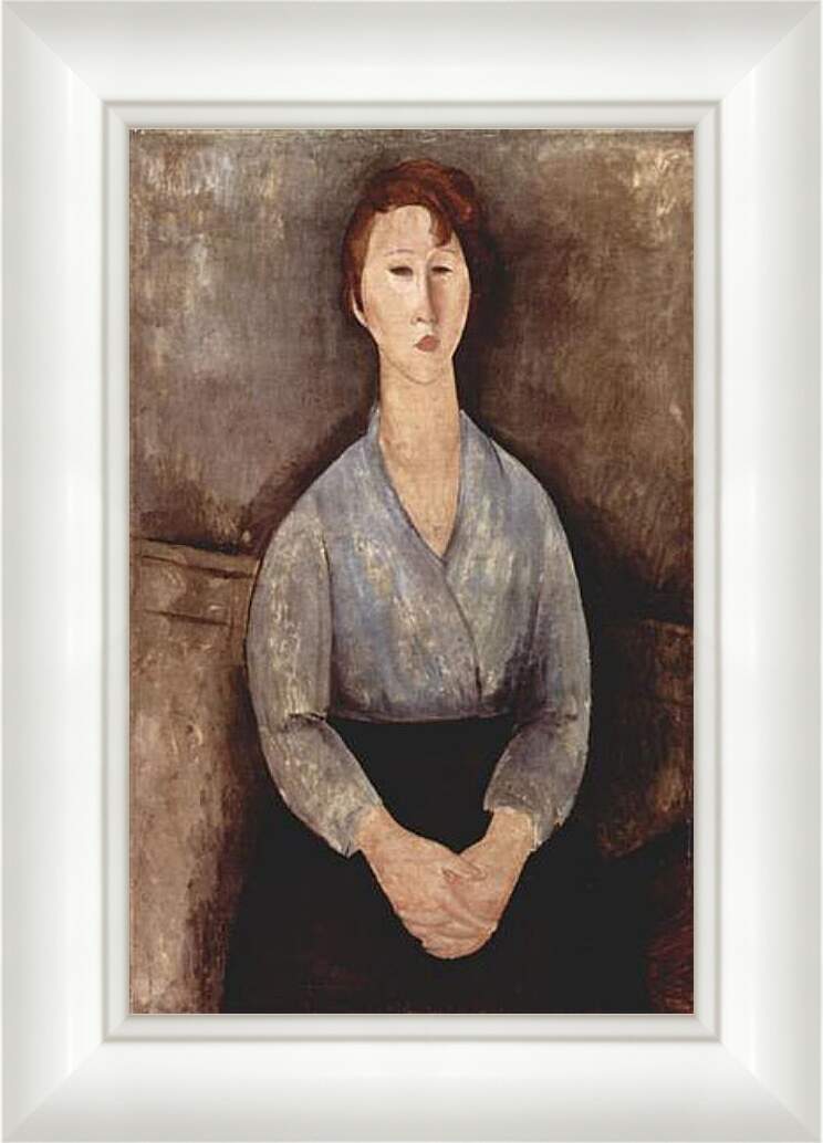 Картина в раме - Sitzende Frau mit blauer Bluse. Сидящая женщина в голубой блузе. Амедео Модильяни