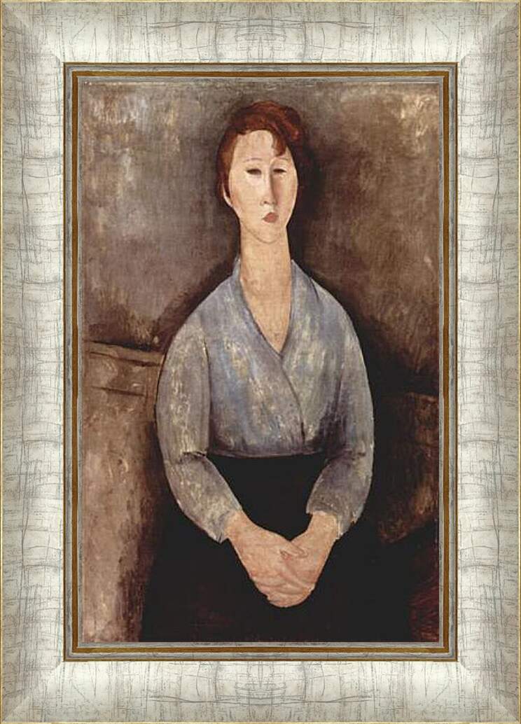 Картина в раме - Sitzende Frau mit blauer Bluse. Сидящая женщина в голубой блузе. Амедео Модильяни