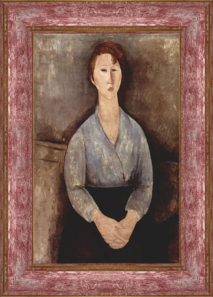 Картина в раме - Sitzende Frau mit blauer Bluse. Сидящая женщина в голубой блузе. Амедео Модильяни