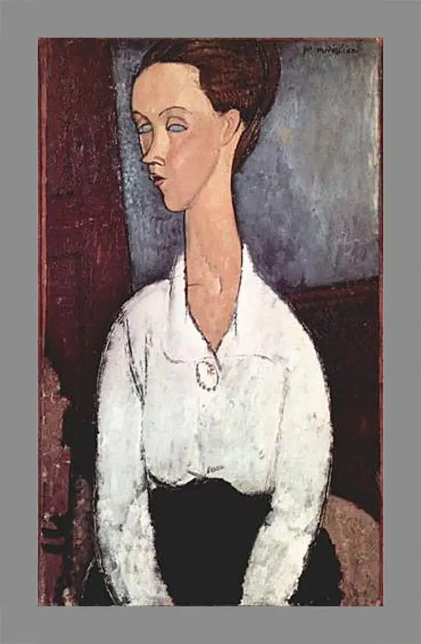 Картина в раме - Portrait of Lunia Czechowska in white blouse. Портрет Лунии Чеховской. Амедео Модильяни