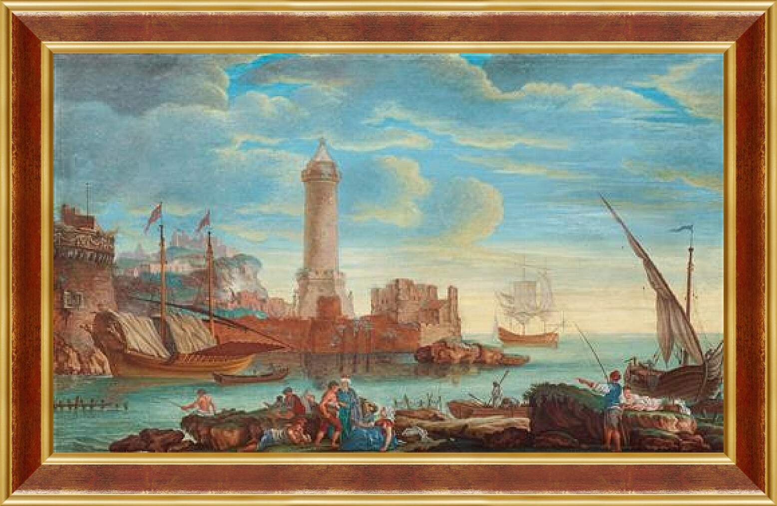 Картина в раме - Sydlandsk hamnbild med figurer och batar. Клод Жозеф Верне
