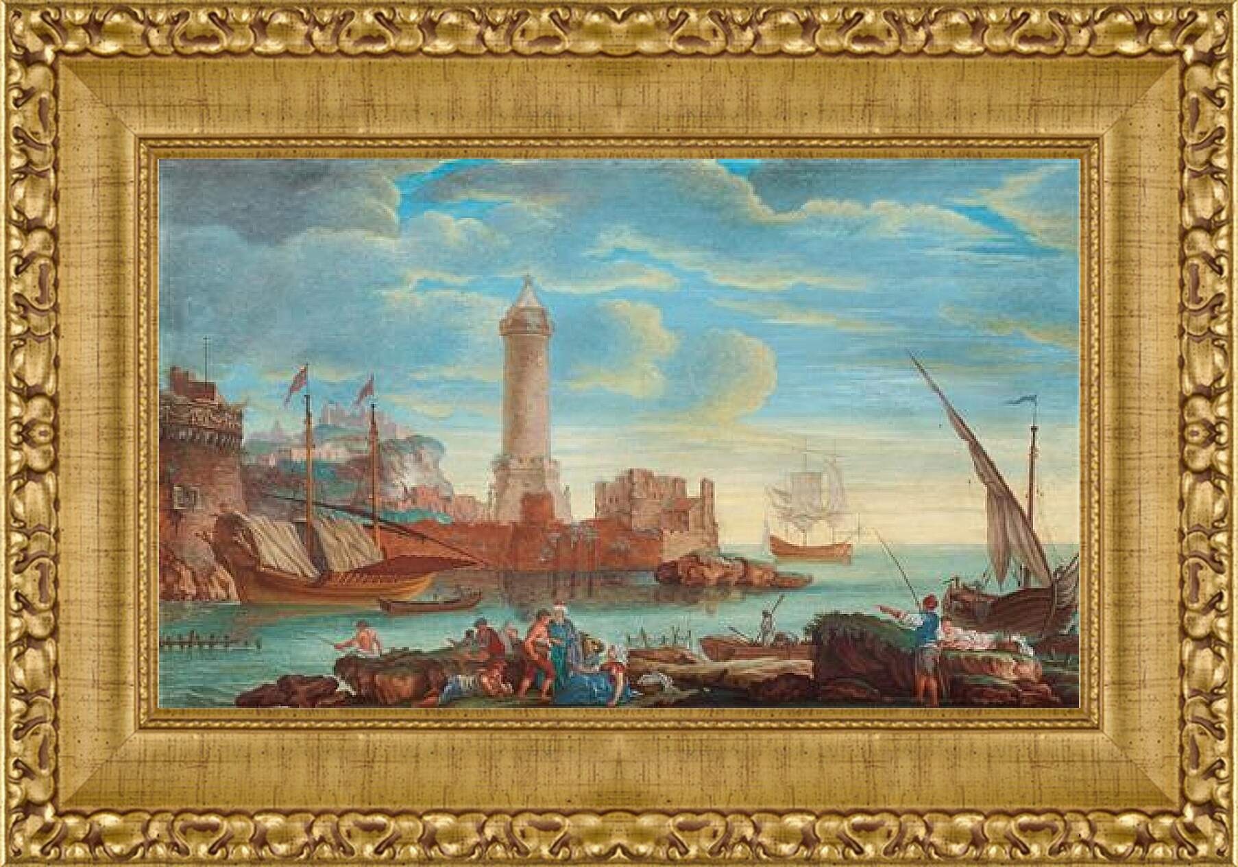 Картина в раме - Sydlandsk hamnbild med figurer och batar. Клод Жозеф Верне