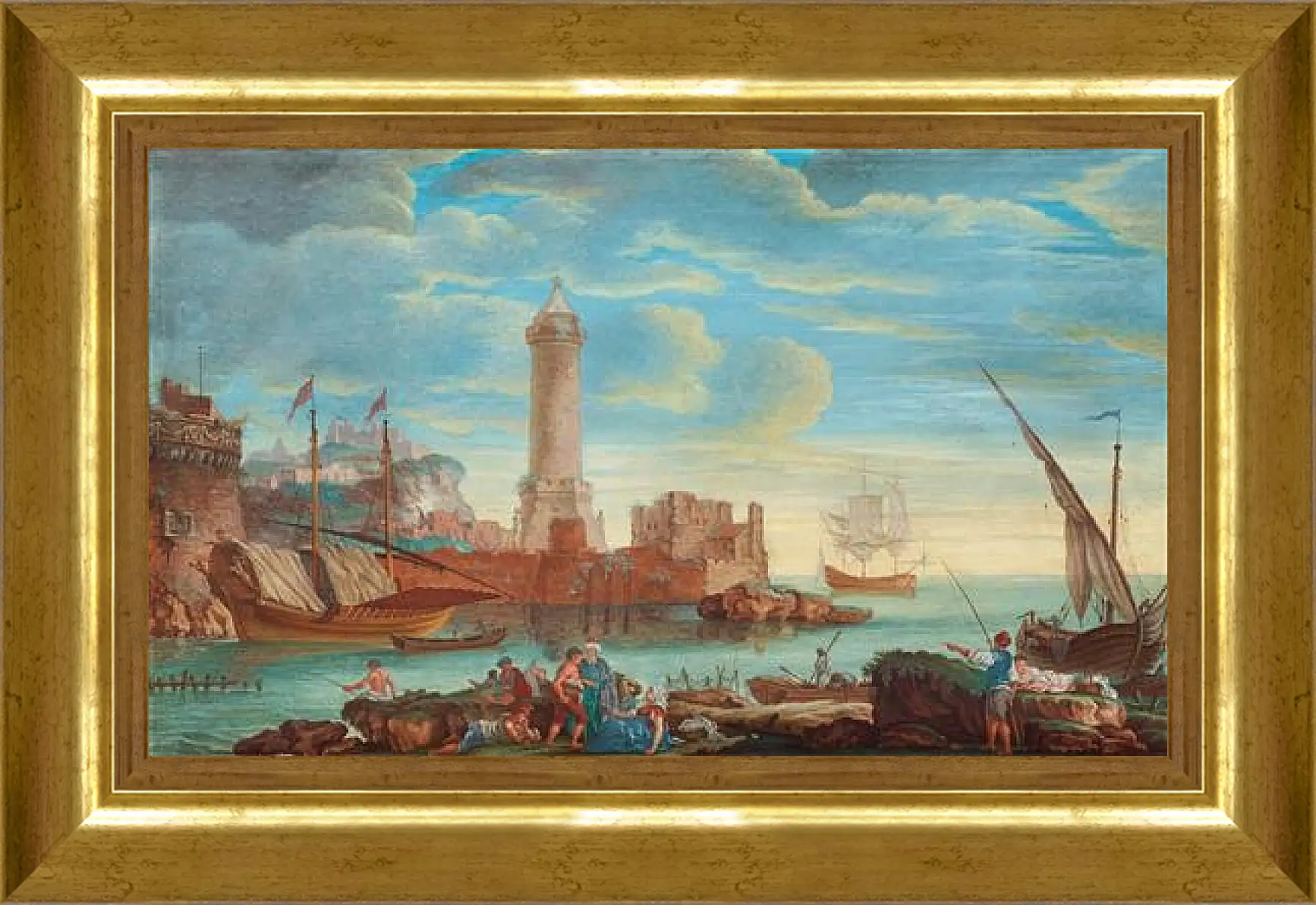 Картина в раме - Sydlandsk hamnbild med figurer och batar. Клод Жозеф Верне