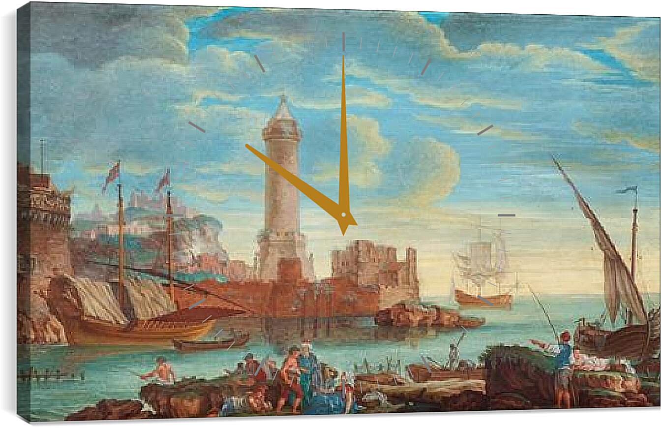 Часы картина - Sydlandsk hamnbild med figurer och batar. Клод Жозеф Верне