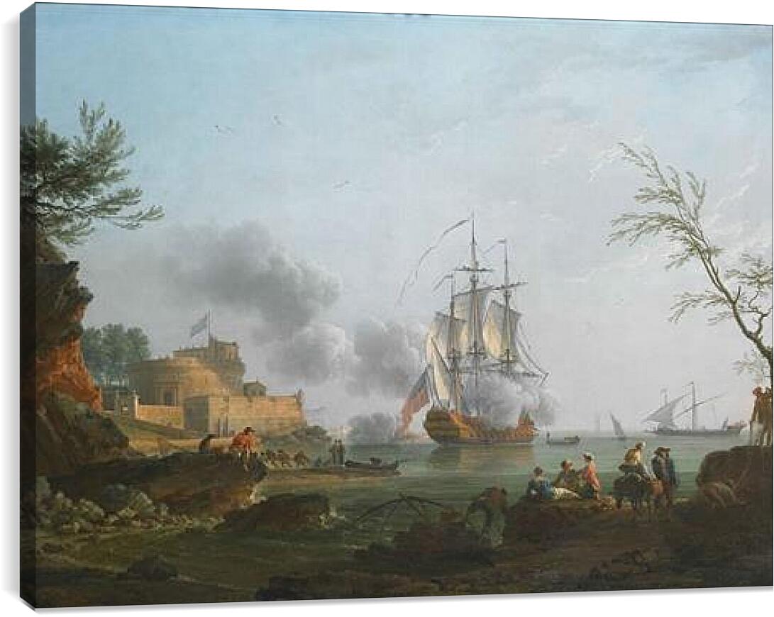 Постер и плакат - The entrance to a harbor with a ship firing a salute. Клод Жозеф Верне