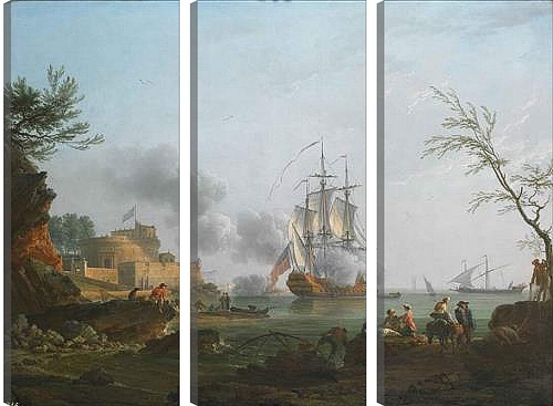 Модульная картина - The entrance to a harbor with a ship firing a salute. Клод Жозеф Верне