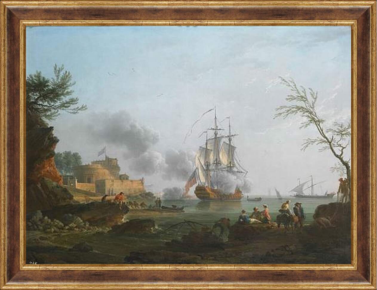 Картина в раме - The entrance to a harbor with a ship firing a salute. Клод Жозеф Верне