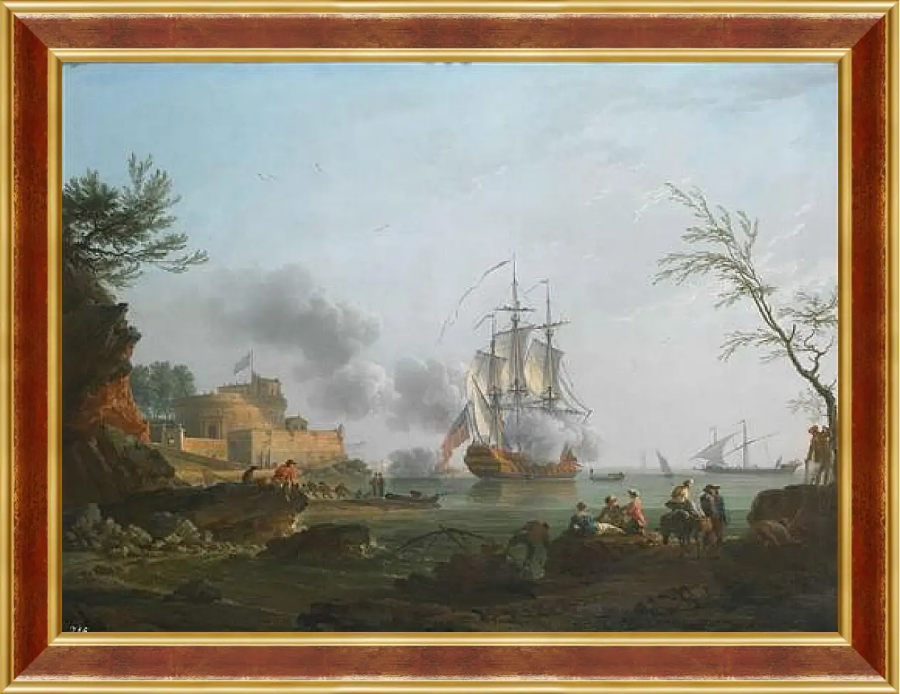 Картина в раме - The entrance to a harbor with a ship firing a salute. Клод Жозеф Верне