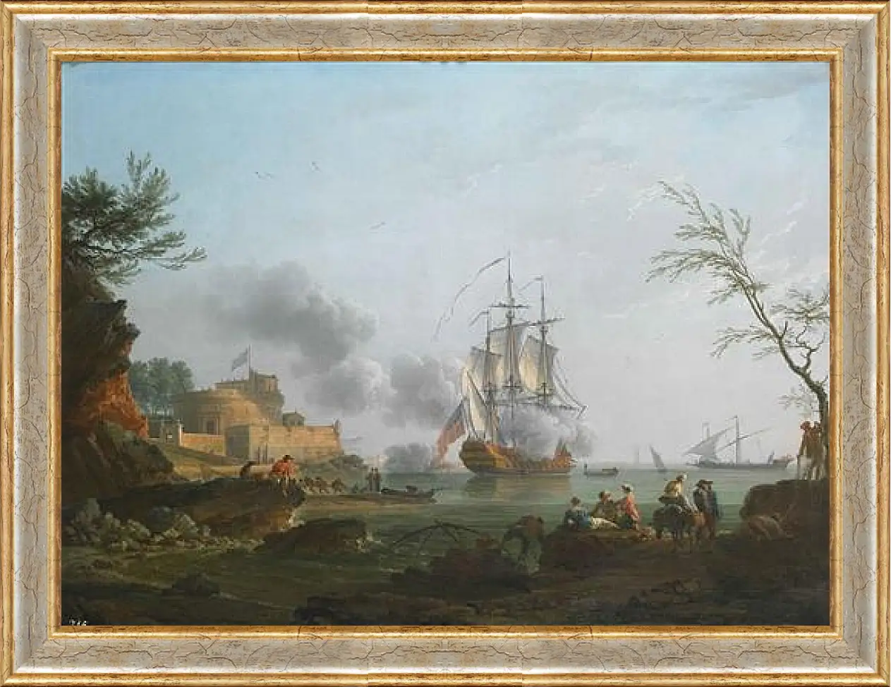 Картина в раме - The entrance to a harbor with a ship firing a salute. Клод Жозеф Верне