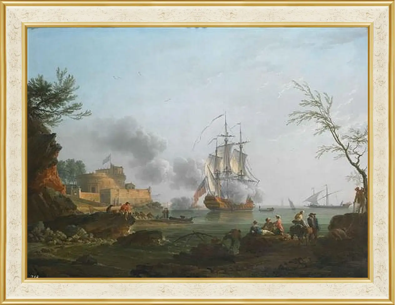 Картина в раме - The entrance to a harbor with a ship firing a salute. Клод Жозеф Верне