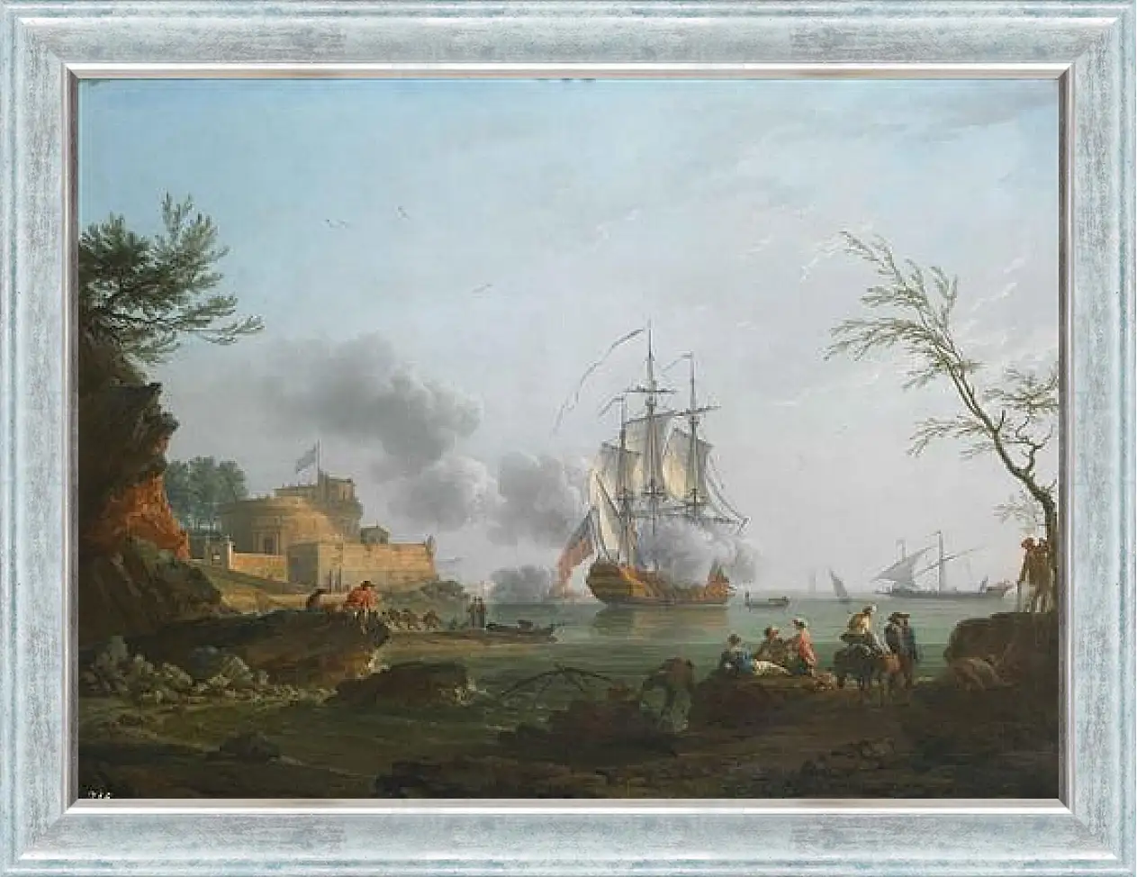 Картина в раме - The entrance to a harbor with a ship firing a salute. Клод Жозеф Верне