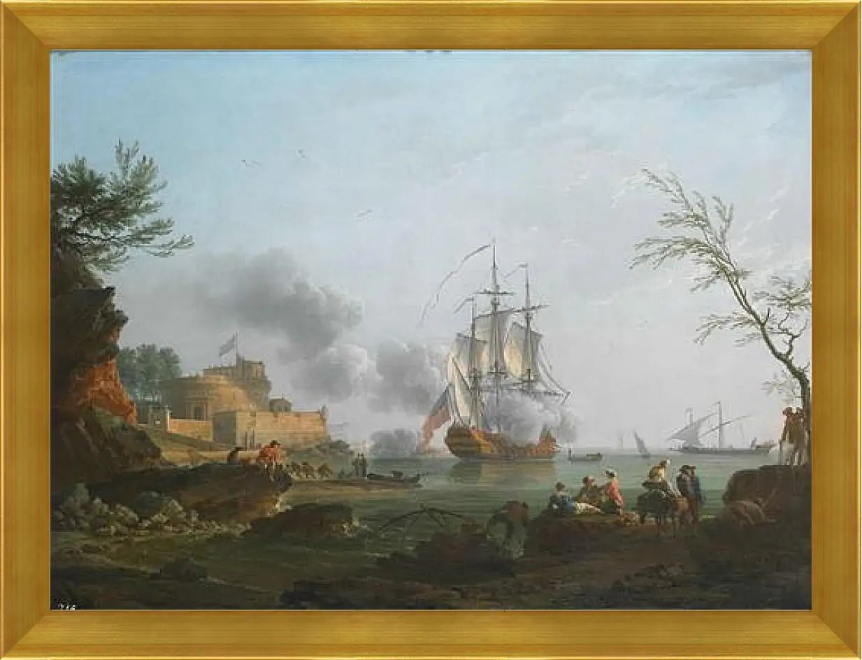 Картина в раме - The entrance to a harbor with a ship firing a salute. Клод Жозеф Верне