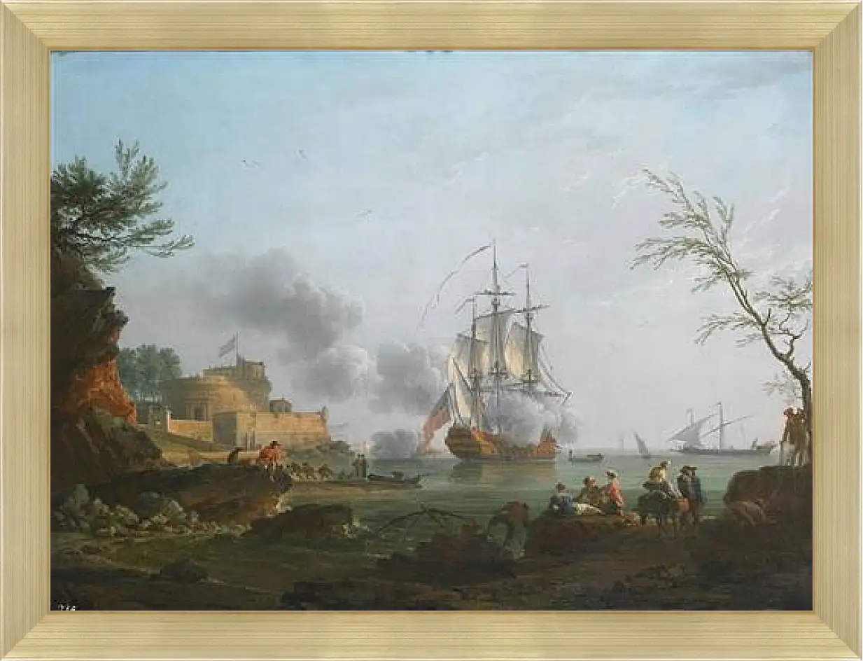 Картина в раме - The entrance to a harbor with a ship firing a salute. Клод Жозеф Верне